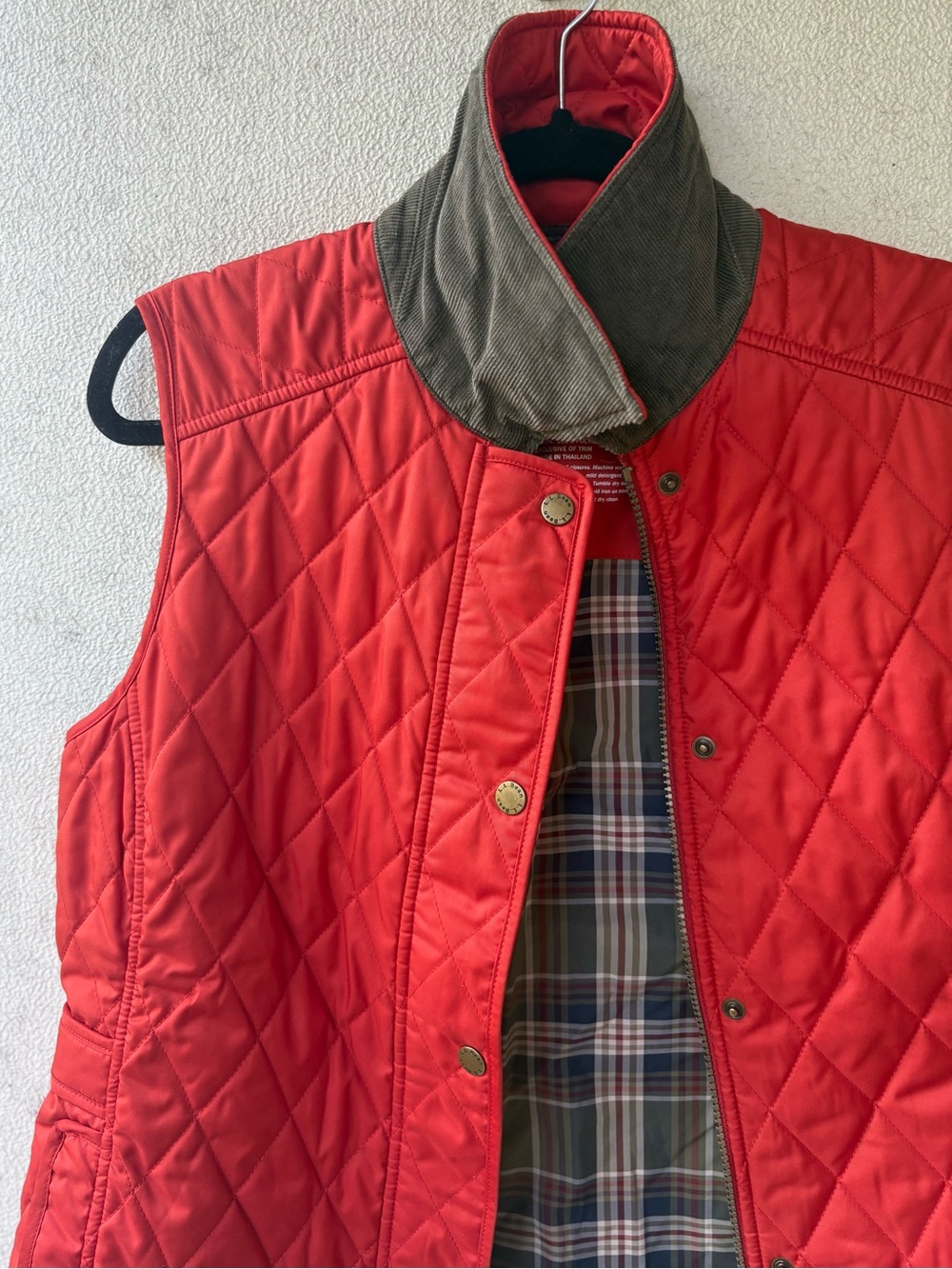 L.L.Bean Women’s M Red Orange Quilted Vest Plaid Lined Corduroy Collar M